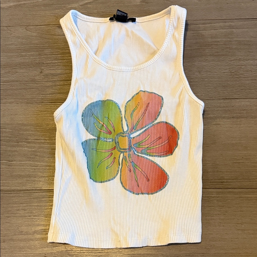 Forever 21 White Tank Top with Colorful Flower